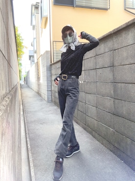 「VINTAGE（ヴィンテージ）のアイテム（Tシャツ/カットソー、ブラック系）」を使った、T.Iさん（レディース・166cm）の夏コーディネート