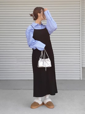 「ビッグシャツ」｜「アイテム（ブーツ）」を使った、miniaさん（レディース・160cm）の冬コーディネート