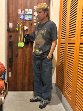 「DEF LEPPARDのアイテム（Tシャツ/カットソー、ブラック系）」を使った、ジェノサイダスさん（メンズ・171cm）の夏コーディネート