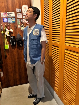 「ROTOTO（ロトト）のアイテム（ニットキャップ/ビーニー、ブラック系）」を使った、ジェノサイダスさん（メンズ・171cm）の夏コーディネート