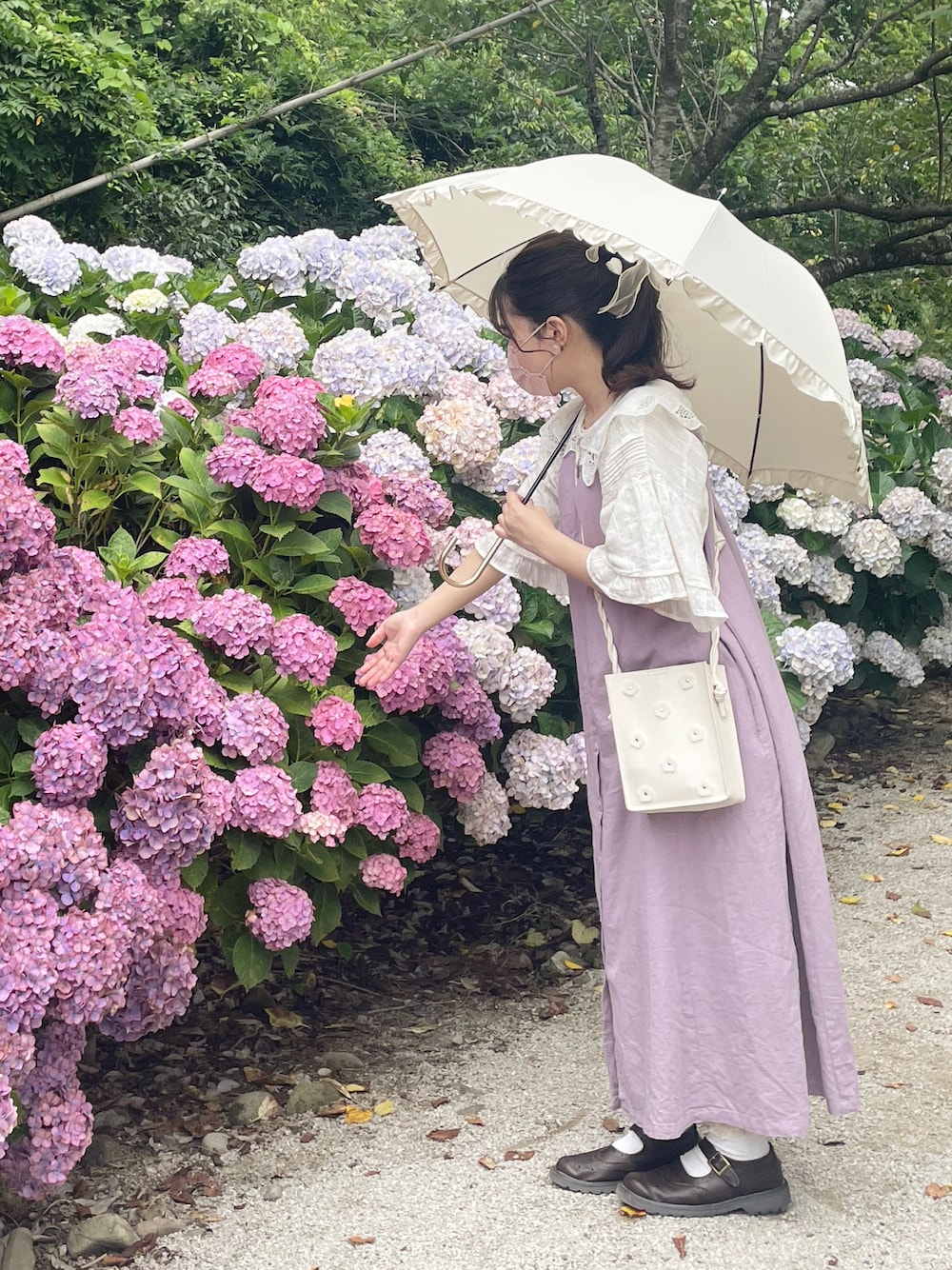 「夏コーデ、今日のコーデ、ootd、おしゃれさんと繋がりたい、ゆるコーデ、カラーコーデ、ナチュラル、パープル、ホワイト、ワンピース、つけ襟、SM2、Samansa Mos2、サマンサ モスモス(Samansa Mos2)、merry jenny」｜「Samansa Mos2の前後着ノースリーブワンピース（ワンピース、パープル系）」を使った、𝑌𝑢𝑟𝑖さん（レディース・152cm）の夏コーディネートの1枚目の写真