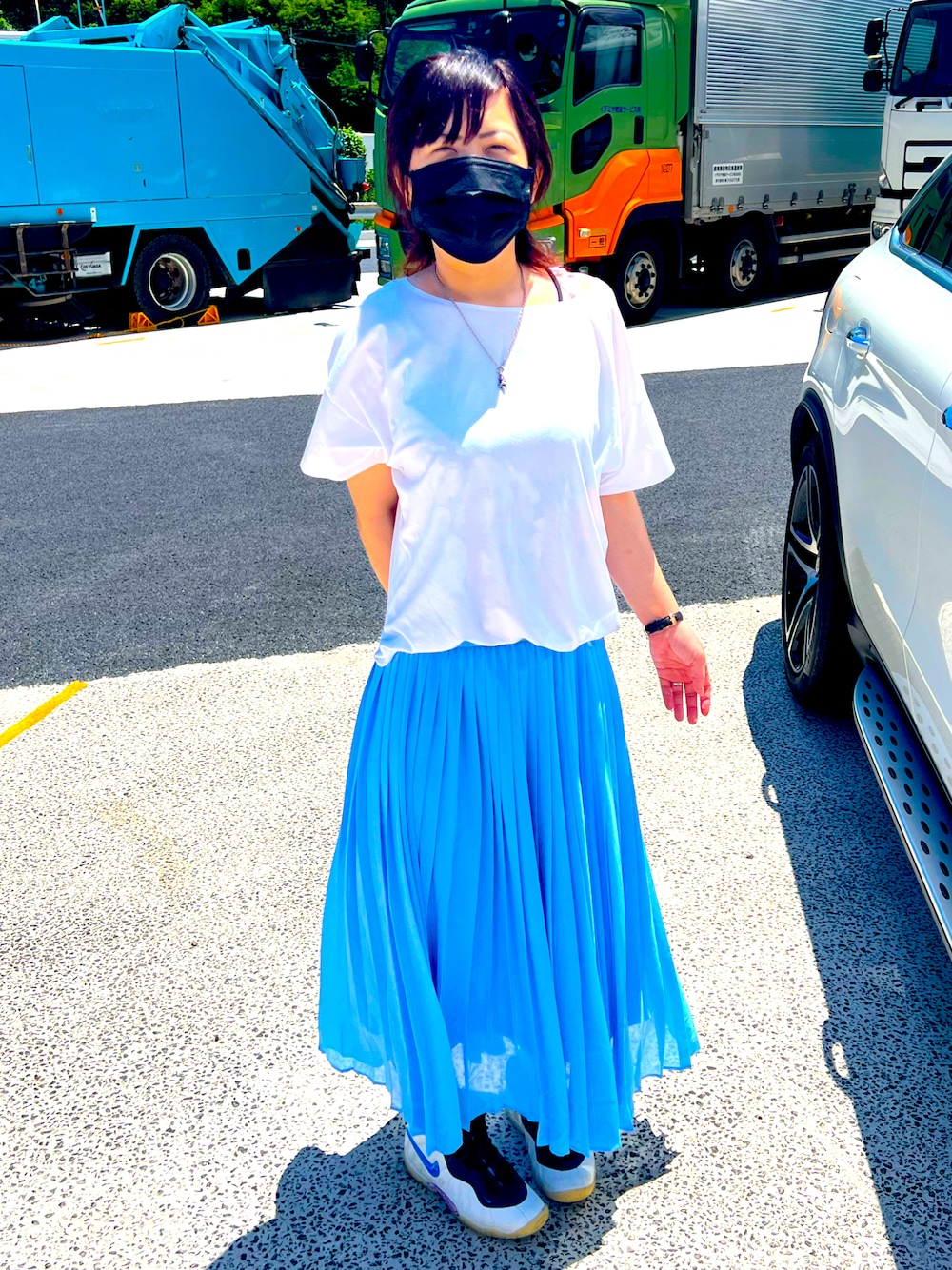 「シンプル、プチプラ、ストリート、夏コーデ、シンプルこーで、クロムハーツ、ナイキスニーカー」｜「UNIQLOのアイテム（スカート、ブルー系）」を使った、Kiyoさん（メンズ・185cm）の夏コーディネートの1枚目の写真