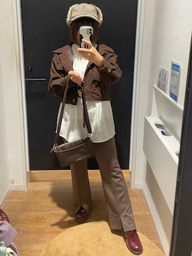 「スリットパンツ」｜「アイテム（デニムジャケット）」を使った、greenさん（レディース・155cm）の冬コーディネート