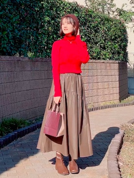 「レザースカート」｜「アイテム（ハンチング/ベレー帽）」を使った、ほのかりんさん（レディース・166cm）の冬コーディネート