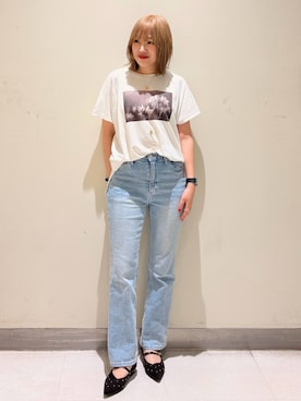 「OPAQUE.CLIP（オペークドットクリップ）のフォトプリントTシャツ【洗濯機OK】（Tシャツ/カットソー、ホワイト系）」を使った、みきちぃさん（レディース）の夏コーディネート