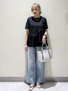 「OPAQUE.CLIP（オペークドットクリップ）のペプラムドッキングカットソー【洗濯機OK】（Tシャツ/カットソー、ブラック系）」を使った、みきちぃさん（レディース）の夏コーディネート