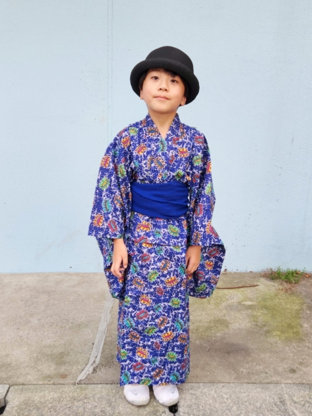 「むすこーで、むぎわら帽子、浴衣、エアリフト、夏休み、お出かけコーデ」｜「usedのアイテム（浴衣、ブルー系）」を使った、୧( ¨̮ )RC(ت)୨さん（キッズ・120cm）の夏コーディネートの1枚目の写真