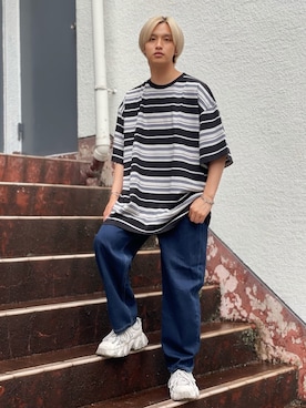 「Adoon plain（アドーンプレーン）のアイテム（Tシャツ/カットソー）」を使った、中岡 圭さん（メンズ・168cm）の夏コーディネート