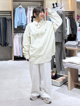 「BEVERLY HILLS POLO CLUB（ビバリーヒルズポロクラブ）の【BEVERLYHILLS POLO CLUB】ストライプシャツ/603589（シャツ/ブラウス、イエロー系）」を使った、ぷーのさん（レディース・155cm）の春コーディネート