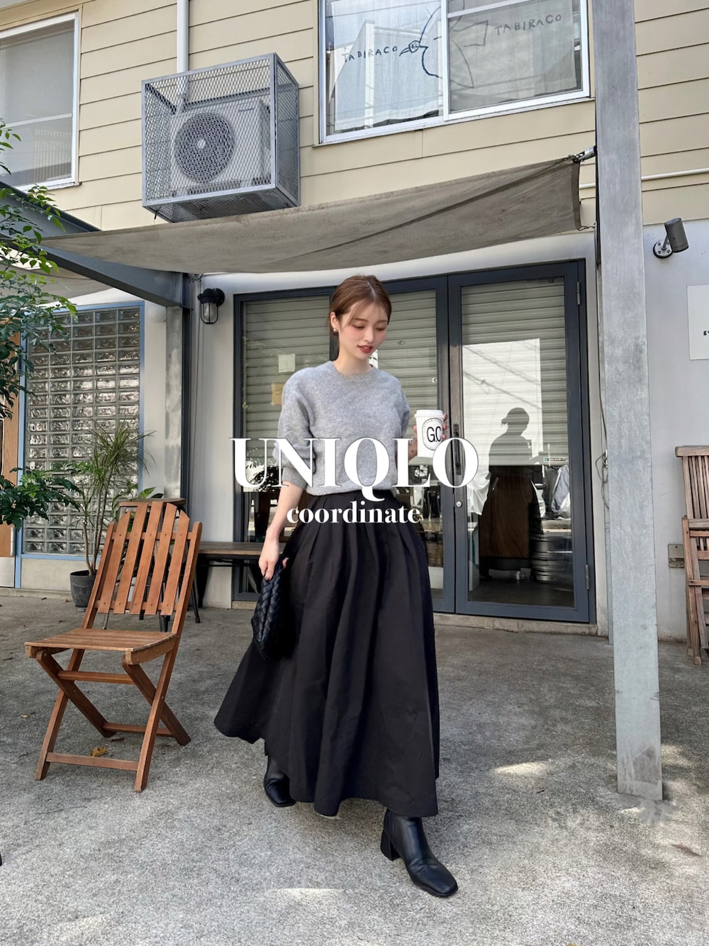 「秋服まるっと大公開、休日スタイル、きれいめカジュアル、ロングスカート、ニット、ブーツ、グレー、シンプルコーデ、ファッションを楽しもう」｜「ORiental TRaffic by yuriの【ZOZOTOWN限定】ワイドスクエアトゥミドルブーツ/11392（ブーツ、ブラック系）」を使った、yuri.さん（レディース・150cm）の秋コーディネートの1枚目の写真