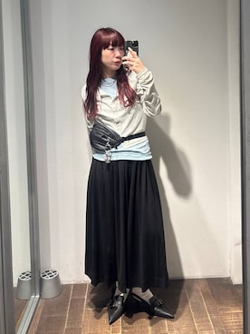 「JEANASIS（ジーナシス）のベルトデザインポインテッドミュール/638820（パンプス、ブラック系）」を使った、ミユキさん（レディース・159cm）の春コーディネート