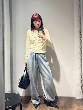 「JEANASIS（ジーナシス）のスウェットコンビデニムパンツ/645263（デニムパンツ、ブルー系）」を使った、ミユキさん（レディース・159cm）の春コーディネート