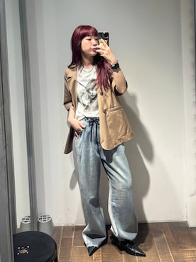 「JEANASIS（ジーナシス）のスウェットコンビデニムパンツ/645263（デニムパンツ、ブルー系）」を使った、ミユキさん（レディース・159cm）の春コーディネート