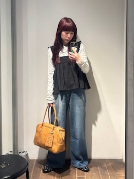 「JEANASIS（ジーナシス）のアシメギャザーボートネックLS/594167（Tシャツ/カットソー、ホワイト系）」を使った、ミユキさん（レディース・159cm）の春コーディネート