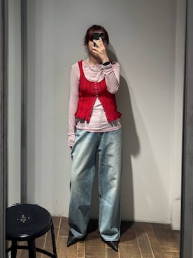 「JEANASIS（ジーナシス）のセミシアーリブヘンリー LS/326122（Tシャツ/カットソー、ピンク系）」を使った、ミユキさん（レディース・159cm）の春コーディネート