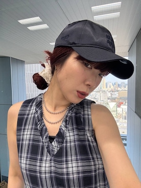 「JEANASIS（ジーナシス）のVネックチェックワンピース/668417（ワンピース、ブルー系）」を使った、ミユキさん（レディース・159cm）の春コーディネート