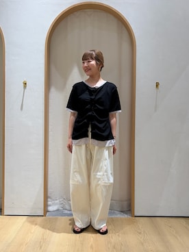 「CIAOPANIC TYPY（チャオパニックティピー）の:【サッと秒で履ける！】S～XLサイズ展開アソート柄サムリングサンダル（サンダル、ブラック系）」を使った、てらさんさん（レディース・158cm）の夏コーディネート
