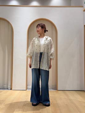 「CIAOPANIC TYPY（チャオパニックティピー）の∴花柄刺繍シアーフーディーブラウス（シャツ/ブラウス、グレー系）」を使った、てらさんさん（レディース・158cm）の夏コーディネート