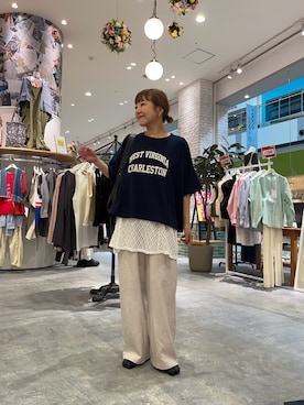 「CIAOPANIC TYPY（チャオパニックティピー）の≪3サイズ展開≫テックリネンワイドパンツ（スラックス）」を使った、てらさんさん（レディース・158cm）の夏コーディネート