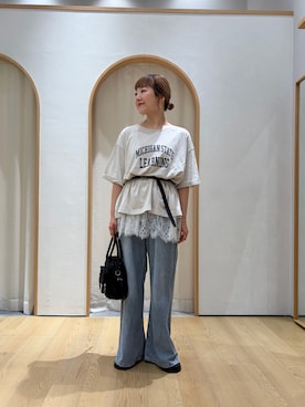 「CIAOPANIC TYPY（チャオパニックティピー）の∴アシッドウォッシュカレッジロゴオーバーTee（Tシャツ/カットソー、グレー系）」を使った、てらさんさん（レディース・158cm）の夏コーディネート