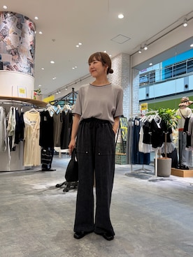 「CIAOPANIC TYPY（チャオパニックティピー）の【接触冷感】配色ラグラン半袖ニットTee（ニット/セーター、グレー系）」を使った、てらさんさん（レディース・158cm）の夏コーディネート