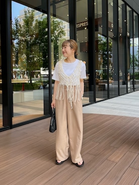 「CIAOPANIC TYPY（チャオパニックティピー）の≪3サイズ展開≫テックリネンワイドパンツ（スラックス）」を使った、てらさんさん（レディース・158cm）の夏コーディネート