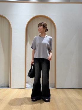 「CIAOPANIC TYPY（チャオパニックティピー）の【新色登場/美脚見え/3サイズ展開】柔らかルーズフレアイージーパンツ（デニムパンツ、ブラック系）」を使った、てらさんさん（レディース・158cm）の夏コーディネート