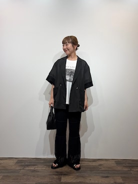「CIAOPANIC TYPY（チャオパニックティピー）の裾フリル切替メッシュレースフレアパンツ（その他パンツ、ブラック系）」を使った、てらさんさん（レディース・158cm）の夏コーディネート