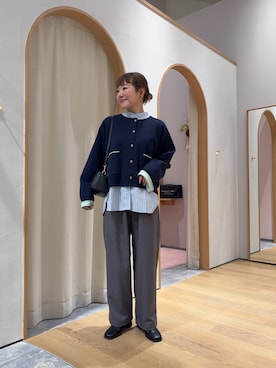 「CIAOPANIC TYPY（チャオパニックティピー）の【UVカット/接触冷感】袖配色ニットスナップカーデ（カーディガン/ボレロ、ブルー系）」を使った、てらさんさん（レディース・158cm）の春コーディネート