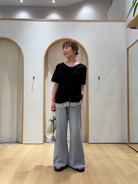 「CIAOPANIC TYPY（チャオパニックティピー）の【美脚見え/3サイズ展開】柔らかルーズフレアイージーデニム（デニムパンツ、ブルー系）」を使った、てらさんさん（レディース・158cm）の夏コーディネート