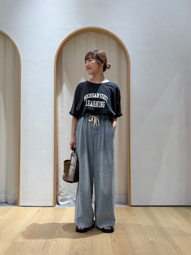「CIAOPANIC TYPY（チャオパニックティピー）の∴アシッドウォッシュカレッジロゴオーバーTee（Tシャツ/カットソー、グレー系）」を使った、てらさんさん（レディース・158cm）の夏コーディネート
