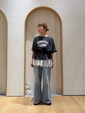 「CIAOPANIC TYPY（チャオパニックティピー）の∴アシッドウォッシュカレッジロゴオーバーTee（Tシャツ/カットソー、グレー系）」を使った、てらさんさん（レディース・158cm）の夏コーディネート