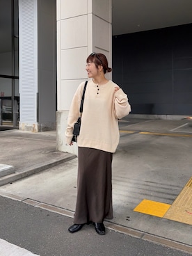 「CIAOPANIC TYPY（チャオパニックティピー）の【UNISEX】モール甘編みワッフルヘンリーニット（ニット/セーター、ホワイト系）」を使った、てらさんさん（レディース・158cm）の秋コーディネート