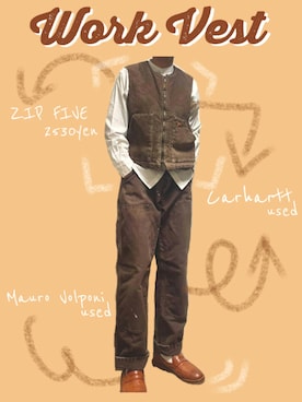 「アイテム（ダウンベスト、ブラウン系）」を使った、buckyさん（メンズ・180cm）の秋コーディネート