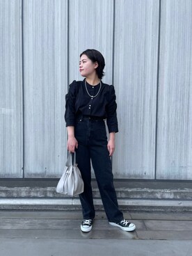 「ダンガリーシャツ」｜「アイテム（バッグ）」を使った、竹本　志帆さん（レディース・154cm）の秋コーディネート