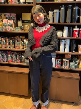 「GU（ジーユー）のアイテム（デニムパンツ、ブルー系）」を使った、yukie.さん（レディース・155cm）の冬コーディネート