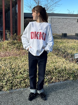 「古着のアイテム（スウェット、ホワイト系）」を使った、yukie.さん（レディース・155cm）の冬コーディネート