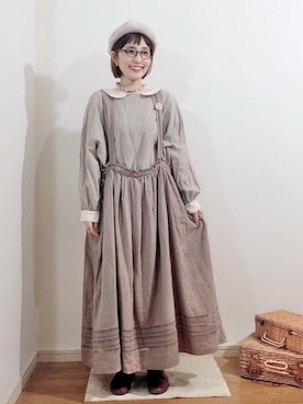 「エプロンワンピース」｜「アイテム（その他）」を使った、kakolatteさん（レディース・154cm）の秋コーディネート