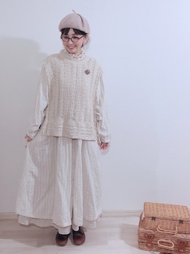 「ニットベスト」｜「アイテム（チュニック）」を使った、kakolatteさん（レディース・154cm）の春コーディネート