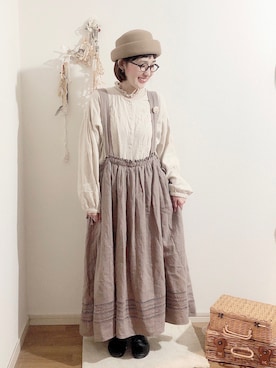 「エプロンワンピース」｜「アイテム（その他）」を使った、kakolatteさん（レディース・154cm）の秋コーディネート