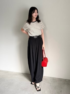「select MOCA（セレクトモカ）のカットジョーゼットバルーンスラックス（スラックス、ブラック系）」を使った、umeさん（レディース・164cm）の夏コーディネート