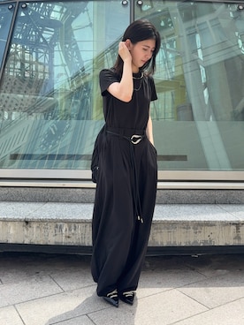 「select MOCA（セレクトモカ）のソフトタッチシンプルデイリーTシャツ（Tシャツ/カットソー、ブラック系）」を使った、umeさん（レディース・164cm）の夏コーディネート