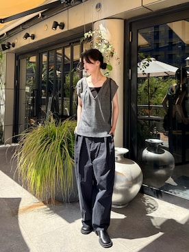 「select MOCA（セレクトモカ）のフードデザインノースリーブサマーニット（ニット/セーター、グレー系）」を使った、umeさん（レディース・164cm）の夏コーディネート