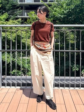 「select MOCA（セレクトモカ）のベーシックパイルTシャツ（Tシャツ/カットソー、ブラウン系）」を使った、umeさん（レディース・164cm）の夏コーディネート