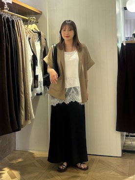 「LOWRYS FARM（ローリーズファーム）のスタイルＵＰクロスカップキャミ　100757（Tシャツ/カットソー、ホワイト系）」を使った、marina  さん（レディース・162cm）の夏コーディネート