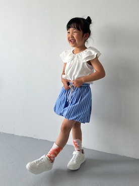 「LOWRYS FARM（ローリーズファーム）のストライプバルーンショートパンツ　640737（その他パンツ、ブルー系）」を使った、marina  さん（レディース・162cm）の夏コーディネート