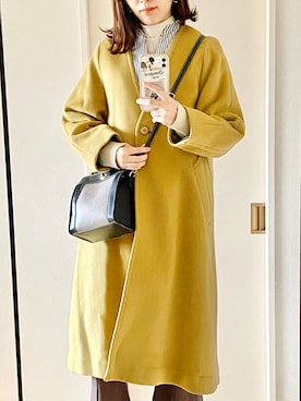 「イエローコーデ」｜「アイテム（ノーカラーコート）」を使った、Ankoさん（レディース・161cm）の冬コーディネート