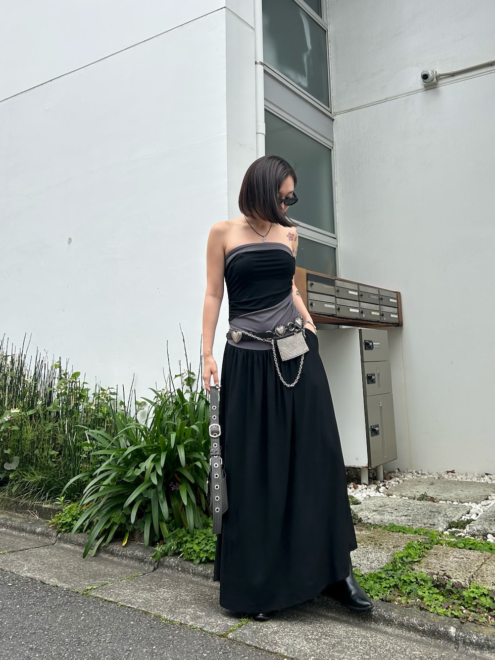 「ワンピース、ベアワンピ、FIG&VIPER、フィグアンドヴァイパー(FIG&VIPER)」｜「FIG&VIPERの配色ベアロングOP（ワンピース、ブラック系）」を使った、FIG&VIPER_NOZOHAさん（レディース・165cm）の夏コーディネートの1枚目の写真