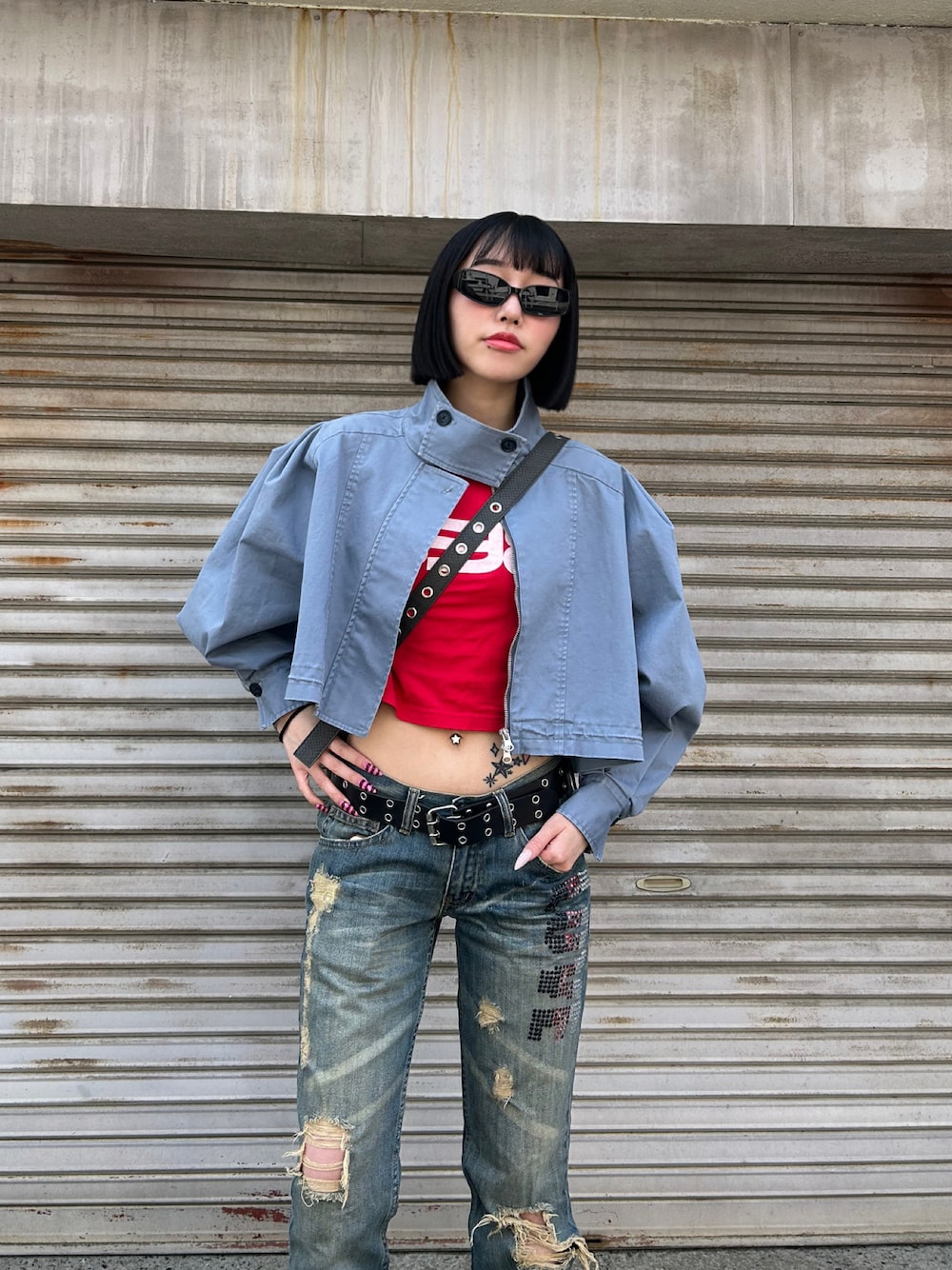 「春アウター、ジャケット、FIG&VIPER、figandviper、フィグアンドヴァイパー(FIG&VIPER)」｜「FIG&VIPERのWashedデザインJK（ミリタリージャケット、ブルー系）」を使った、FIG&VIPER_NOZOHAさん（レディース・165cm）の春コーディネートの1枚目の写真