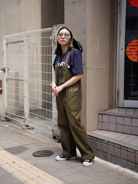 「サファリハット」｜「アイテム（サロペット/オーバーオール）」を使った、sayaさん（レディース・157cm）の夏コーディネート